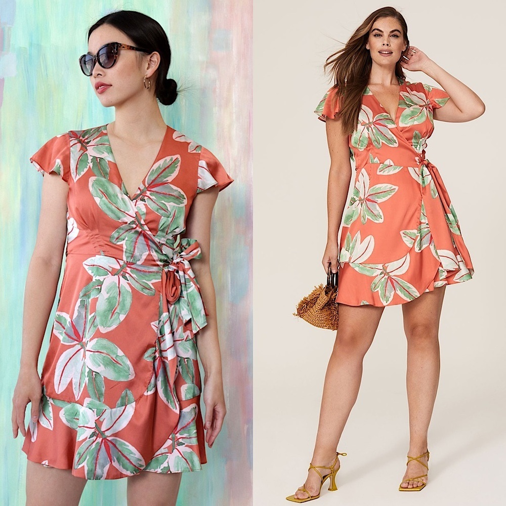 HUTCH Satin Tropical Print Short Sleeve Ruffle Hem Tie Waist Wrap Mini Dress L